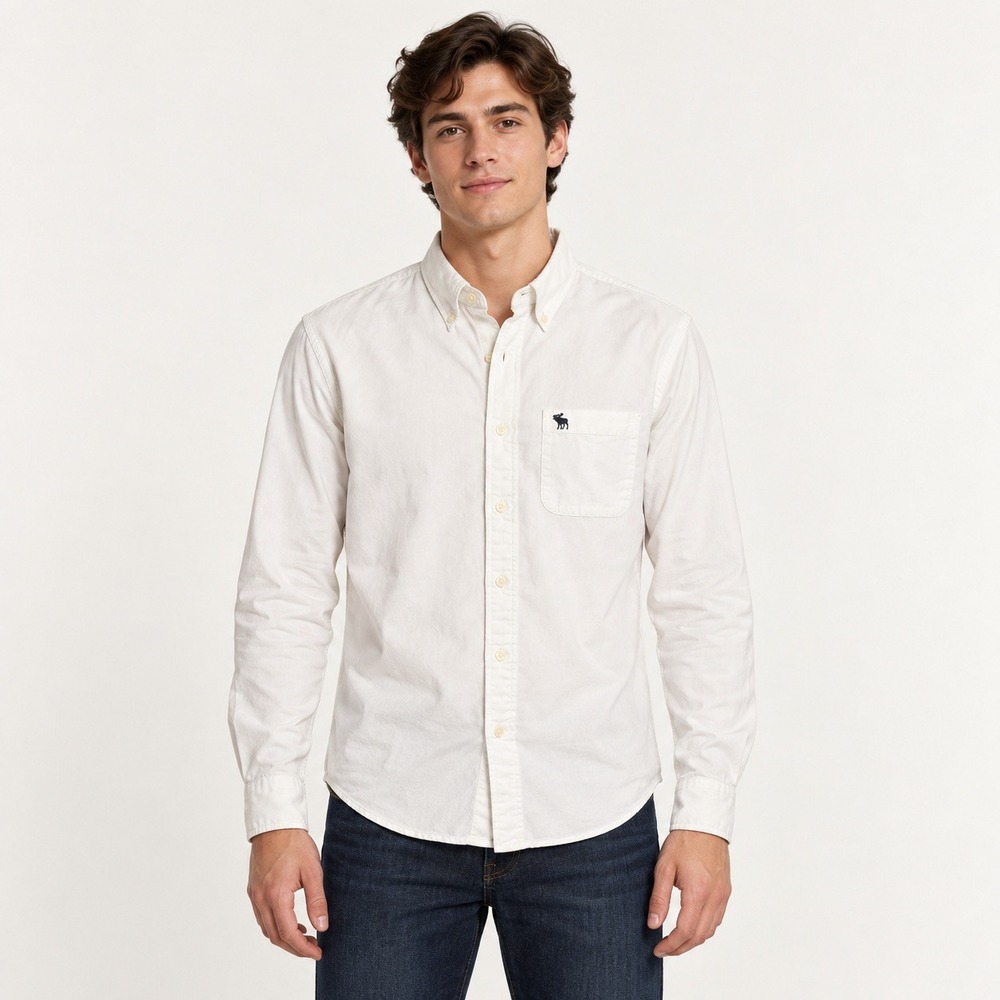 Abercrombie & Fitch Mens White Oxford Button Down Shirt Large Moose Logo